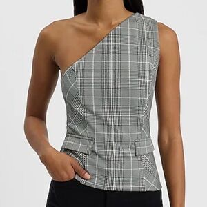 NWT Express Black and White Plaid One-Shoulder Blouse